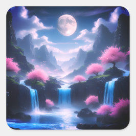 Adesivo Quadrado Sakora tree-Moonlit Waterfall with Cherr-pink