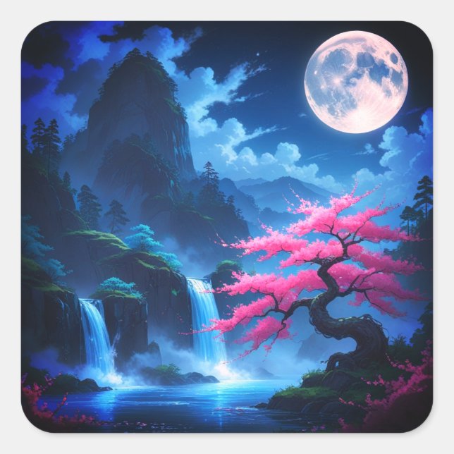 Adesivo Quadrado Sakora tree -Moonlit Waterfall with Cherry-nature (Frente)