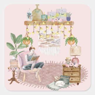 Adesivo Quadrado Sala de Leitura de Boho