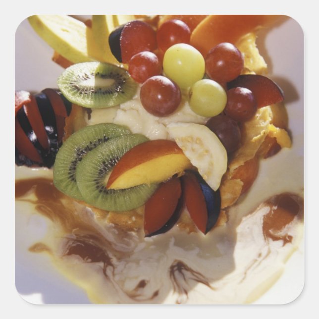 Adesivo Quadrado Salada de frutas com sorvete. (Frente)