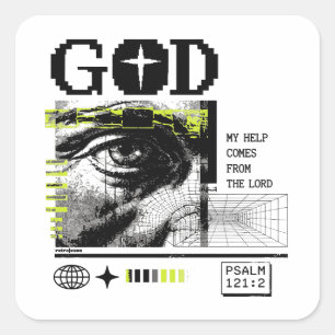 Adesivo Quadrado Salmo 121:2 Neon Lima Olho de Deus Arte CRT Glitch