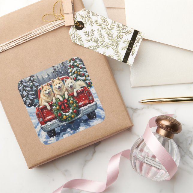 Adesivo Quadrado Samoyed Christmas Red Truck Holiday (Presentear)