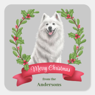 Adesivo Quadrado Samoyed Dog Holly Banner Natal