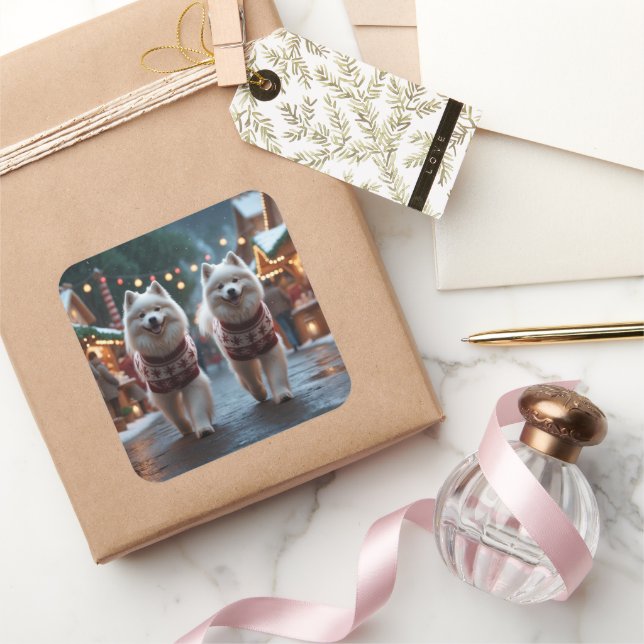 Adesivo Quadrado Samoyed Dogs Christmas Snow Holiday (Presentear)