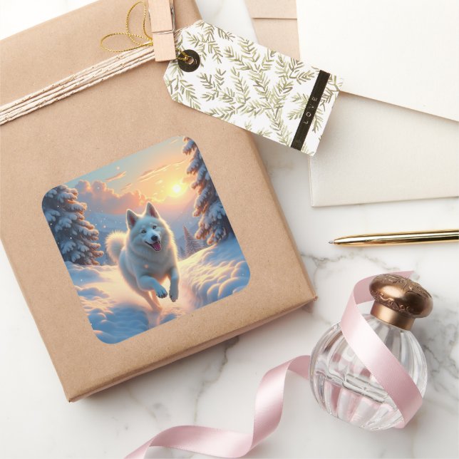 Adesivo Quadrado Samoyed Snowy Mountain Adventure Christmas (Presentear)