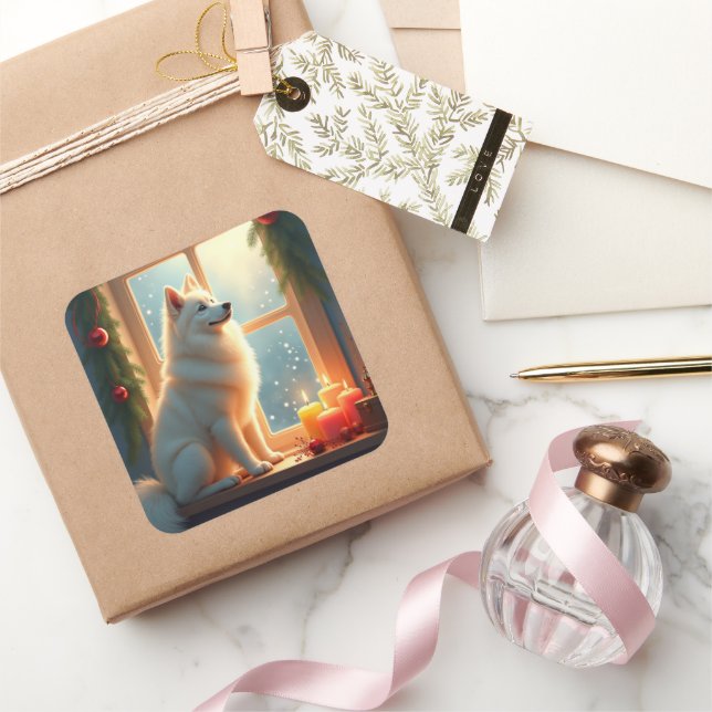 Adesivo Quadrado Samoyed Under the Mistletoe Christmas Painting (Presentear)