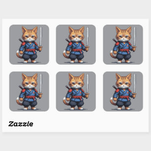 Adesivo Quadrado Samurai Cat Pixel Art