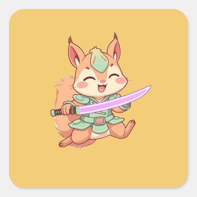 Adesivo Quadrado Samurai Esquilo Kawaii. (Frente)