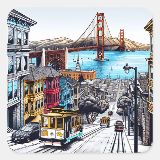 Adesivo Quadrado San Francisco, California Quic Book Style Art (Frente)