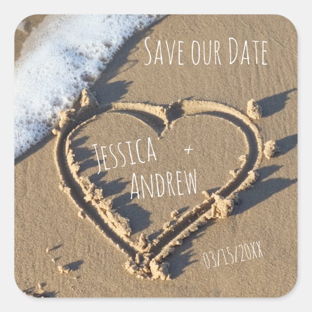 Adesivo Quadrado Sandy Beach Personalised Names Heart Salvar nossa  (Frente)