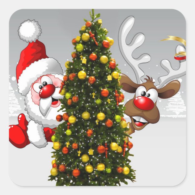 Adesivo Quadrado Santa claus and reindeer behind a christmas tree.j (Frente)