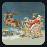 Adesivo Quadrado Santa Claus Christmas Antique Sleigh Reindeer<br><div class="desc">Papais noeis de Natal no seu trenó - Esta imagem é de um antigo cartão de Natal antigo dos anos 1800. Mostra papais noeis no trenó na véspera de Natal,  com suas renas e brinquedos!</div>