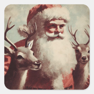 Adesivo Quadrado Santa Claus com a Ilustração de Reindeer Vintage
