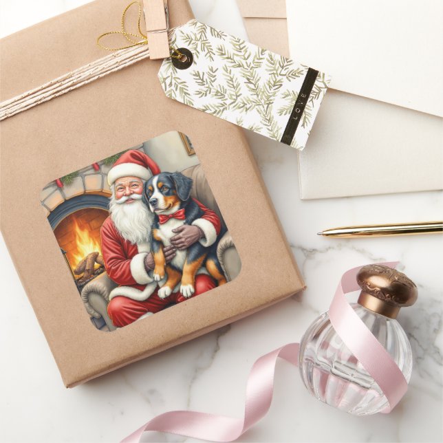 Adesivo Quadrado Santa Claus Holding Bernese Mountain Dog Christmas (Presentear)