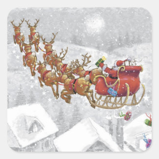 Adesivo Quadrado Santa Claus riding on sleigh with gift box