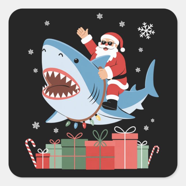 Adesivo Quadrado Santa Riding Shark Christmas Pajama Cute Ocean  (Frente)