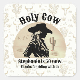 Adesivo Quadrado Santa Vaca Engraçada Vintage Cowgirl 50º aniversár