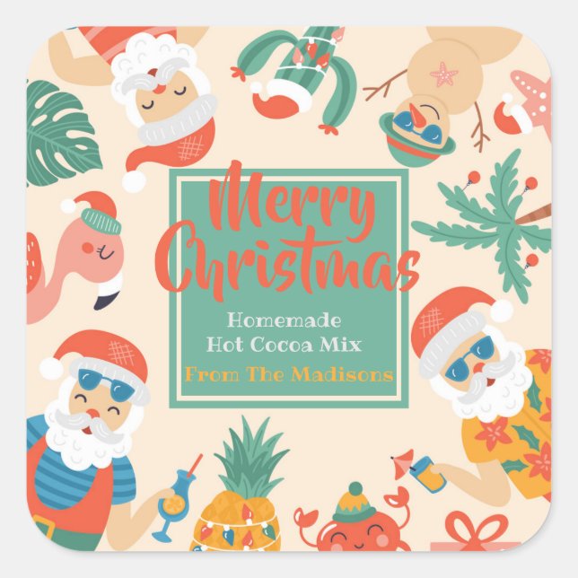 Adesivo Quadrado Santas na praia quente cacau (Frente)