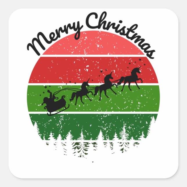 Adesivo Quadrado Santas Sleigh puxada por unicórnios (Frente)
