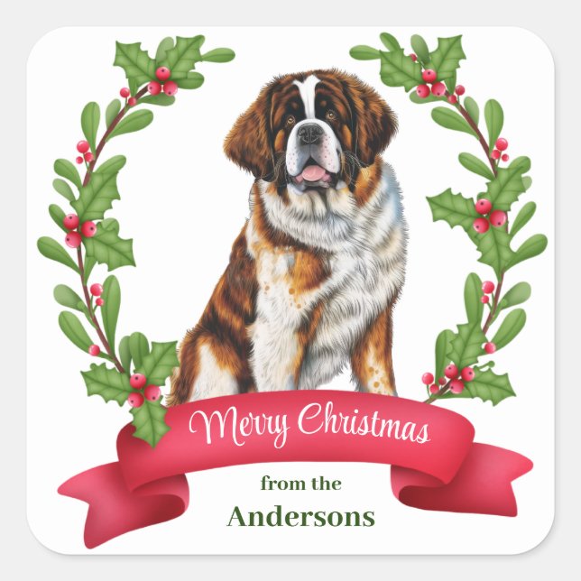 Adesivo Quadrado Santo Bernard Dog Holly Banner Natal (Frente)