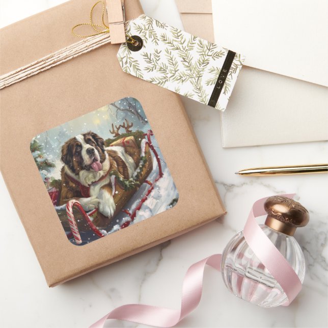 Adesivo Quadrado Santo Bernard Dog Natal Festivo (Presentear)