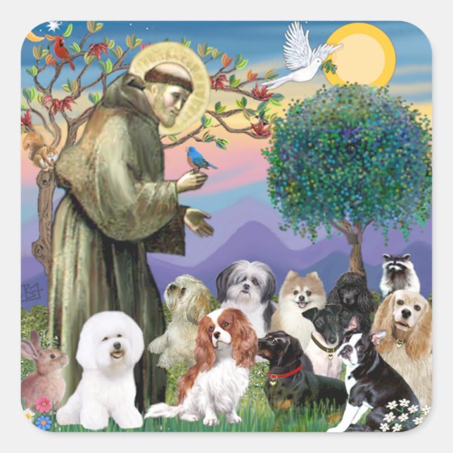 Adesivo Quadrado São Francisco com 10 Cães (Frente)
