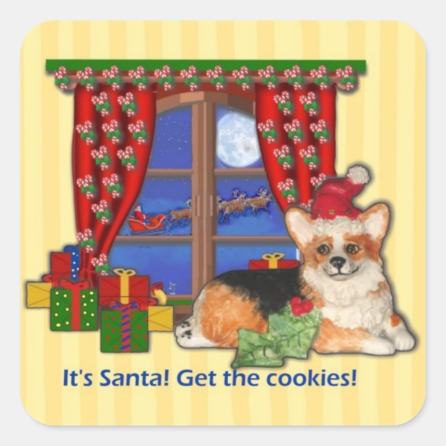 Adesivo Quadrado "São Papais noeis! Peguem os Cookies!" Corgi Stick (Frente)