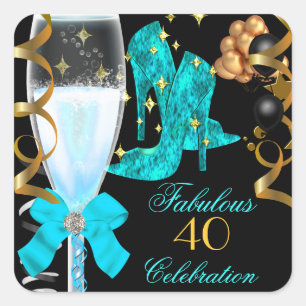 Adesivo Quadrado Sapatos de aniversário azul-teal dourado 40 & Fabu