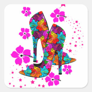 Adesivo Quadrado Sapatos de Salto Alto de Verão Flores Rosa Quente