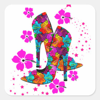 Adesivo Quadrado Sapatos de Salto Alto de Verão Flores Rosa Quente