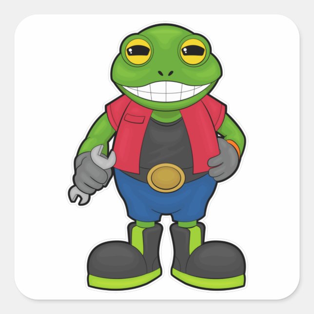 Adesivo Quadrado Sapo como mecânico com Spanner (Frente)