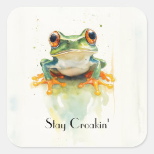 Adesivo Quadrado Sapo de árvore verde fofo aquarela, personalizado