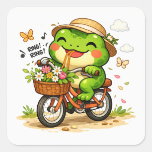 Adesivo Quadrado Sapo Fofo Andando de Bicicleta