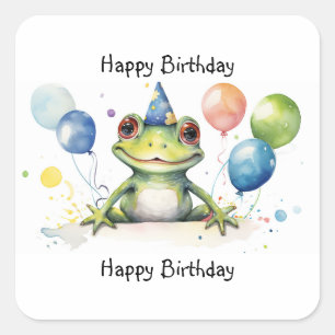 Adesivo Quadrado sapo fofo com balões Feliz Aniversário Caprichoso