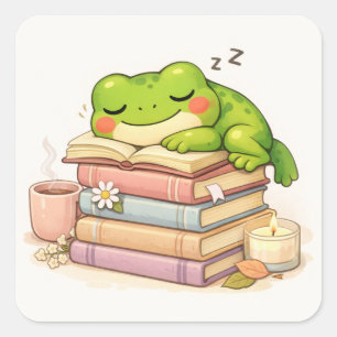 Adesivo Quadrado Sapo Fofo Dormindo em Livros