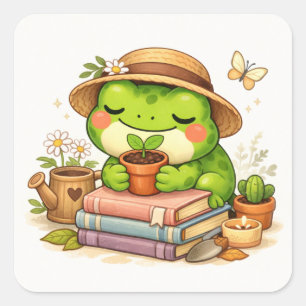 Adesivo Quadrado Sapo Fofo Segurando Vaso de Planta