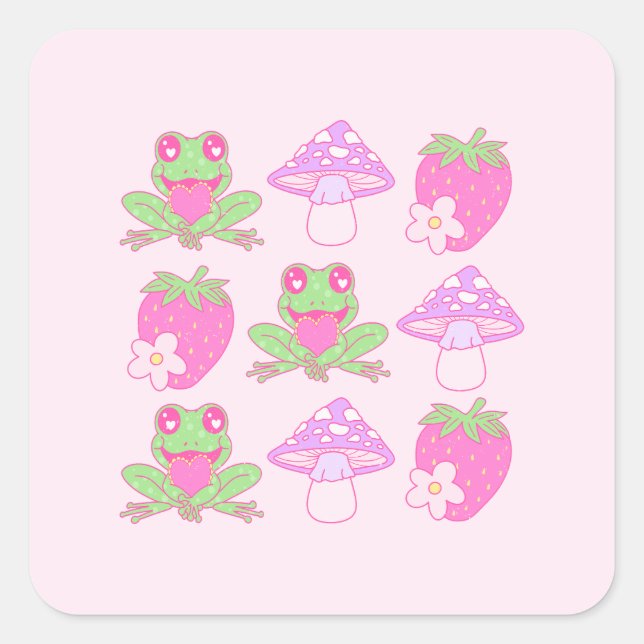 Adesivo Quadrado Sapo Kawaii, Cogumelo e Morango (Frente)