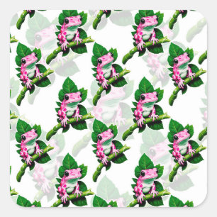 Adesivo Quadrado Sapo Rosa No Padrão De Folha Verde Design