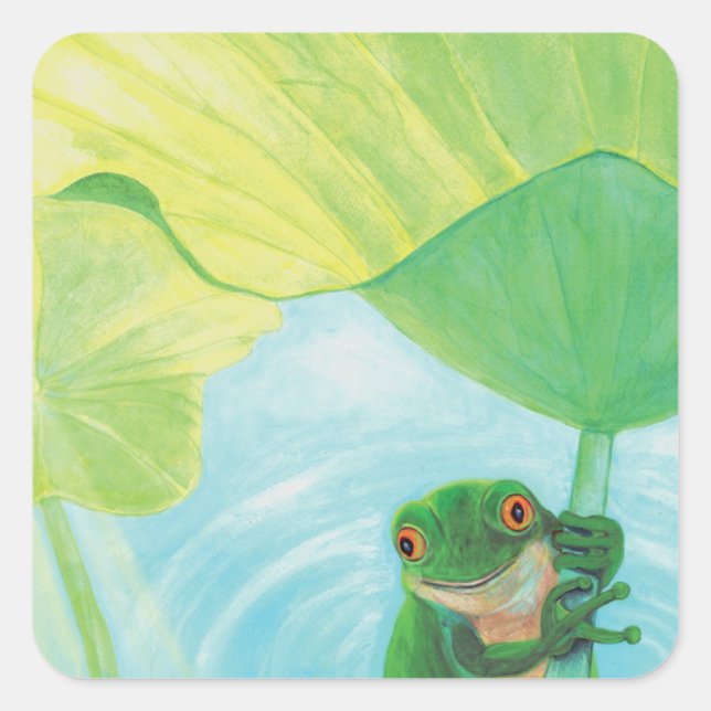 Adesivo Quadrado Sapo verde em Lily Pad (Frente)