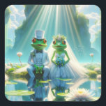 Adesivo Quadrado Sapos de noiva e de noiva no Lily Pad<br><div class="desc">Noiva e sapos verdes noivos sentados em uma almofada de lírios em uma lagoa com raios solares brilhando ao fundo.</div>