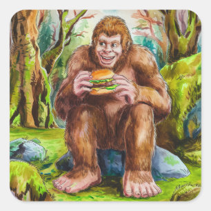 Adesivo Quadrado Sasquatch e Cheesburger em uma Floresta de Mossy