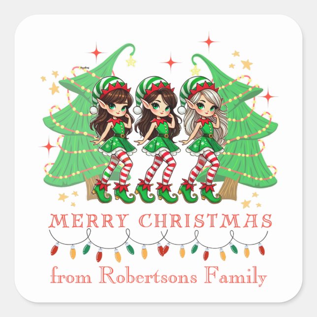 Adesivo Quadrado Sassy Elves Dançando ao redor da árvore de Natal (Frente)