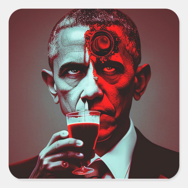 Adesivo Quadrado Satanáic Obama bebe o sangue da América (Frente)