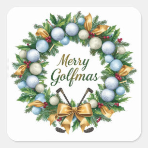 Adesivo Quadrado Saudação de Natal de Golfe com Coroa de Golfe
