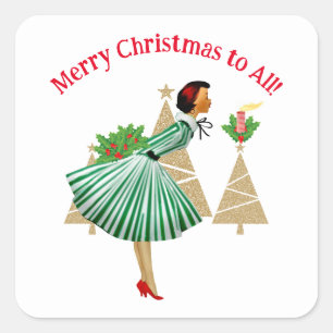 Adesivo Quadrado Saudações de Natal da Senhora Vintage de 1950