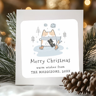 Adesivo Quadrado Saudações de Natal de Gato de Patinação Kawaii Fof