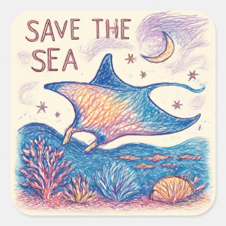 Adesivo Quadrado Save the Sea - Color Pencil Ocean Art