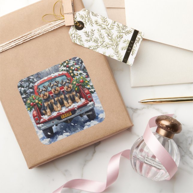 Adesivo Quadrado Schnauzer Christmas Red Truck Holiday (Presentear)