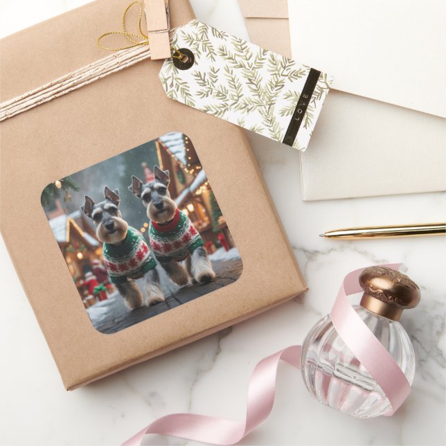 Adesivo Quadrado Schnauzer Dogs Christmas Snow Holiday  (Presentear)