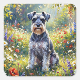 Adesivo Quadrado Schnauzer em Prado de Flores Silvestres